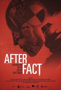 After Fact poster: a crash test dummy with images of working journalists in the face. 