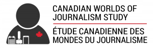 The logo for the Canadian Worlds of Journalism Study. An icon of a person with a notepad, microphone and phone with a red maple leaf on their chest. Canadian Worlds of Journalism Study is to the right in English and French.