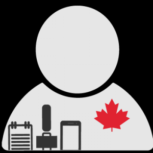 The logo for the Canadian Worlds of Journalism Study. An icon of a person with a notepad, microphone and phone with a red maple leaf on their chest.