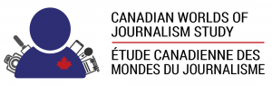 The logo for the Canadian Worlds of Journalism Study. An icon of a person with a notepad, two microphones, a camera and phone with a red maple leaf on their chest. Canadian Worlds of Journalism Study is to the right in English and French.