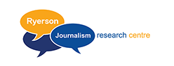 Logo for the Ryerson Journalism Research Centre. The words Ryerson Journalism are in yellow and blue speech bubbles with research centre beside them.