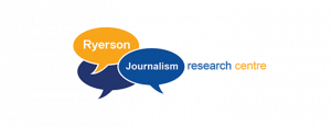 Logo for the Ryerson Journalism Research Centre. The words Ryerson Journalism are in yellow and blue speech bubbles with research centre beside them.