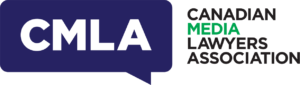 Logo for the Canadian Media Lawyers Association. CMLA is in a blue speech bubble next to the name. The word media is in green; all others are black.